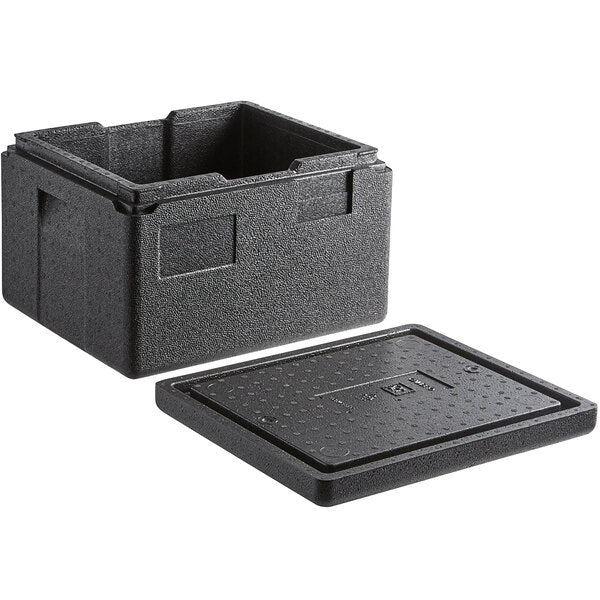 Cambro Cam GoBox® Black Half-Size Top Loading EPP Insulated Food Pan Carrier with Cup Holders (6 Compartment) - 6" Deep Half-Size Pan Max Capacity