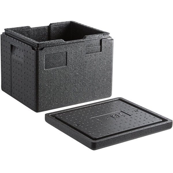 Cambro Cam GoBox® Black Half-Size Top Loading EPP Insulated Food Pan Carrier with Cup Holders (6 Compartment) - 8" Deep Half-Size Pan Max Capacity