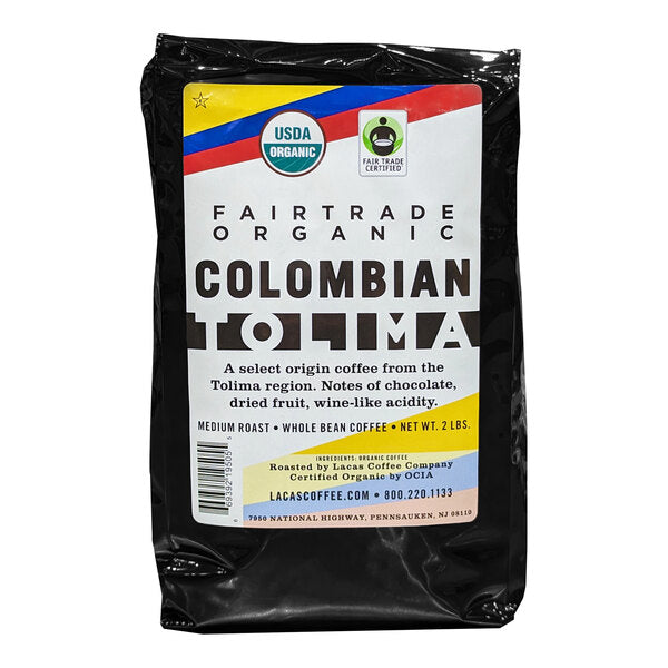 Lacas Coffee Fair Trade Organic Colombian Tolima Whole Bean Coffee 2 lb. - 8/Case