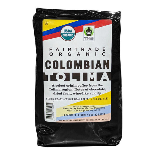 Lacas Coffee Fair Trade Organic Colombian Tolima Whole Bean Coffee 2 lb. - 8/Case